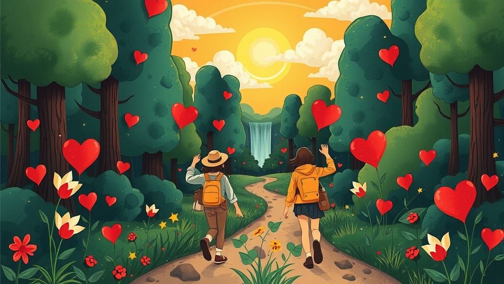 Romantic Explorer's Dream in Whimsical Folk-Art Style
