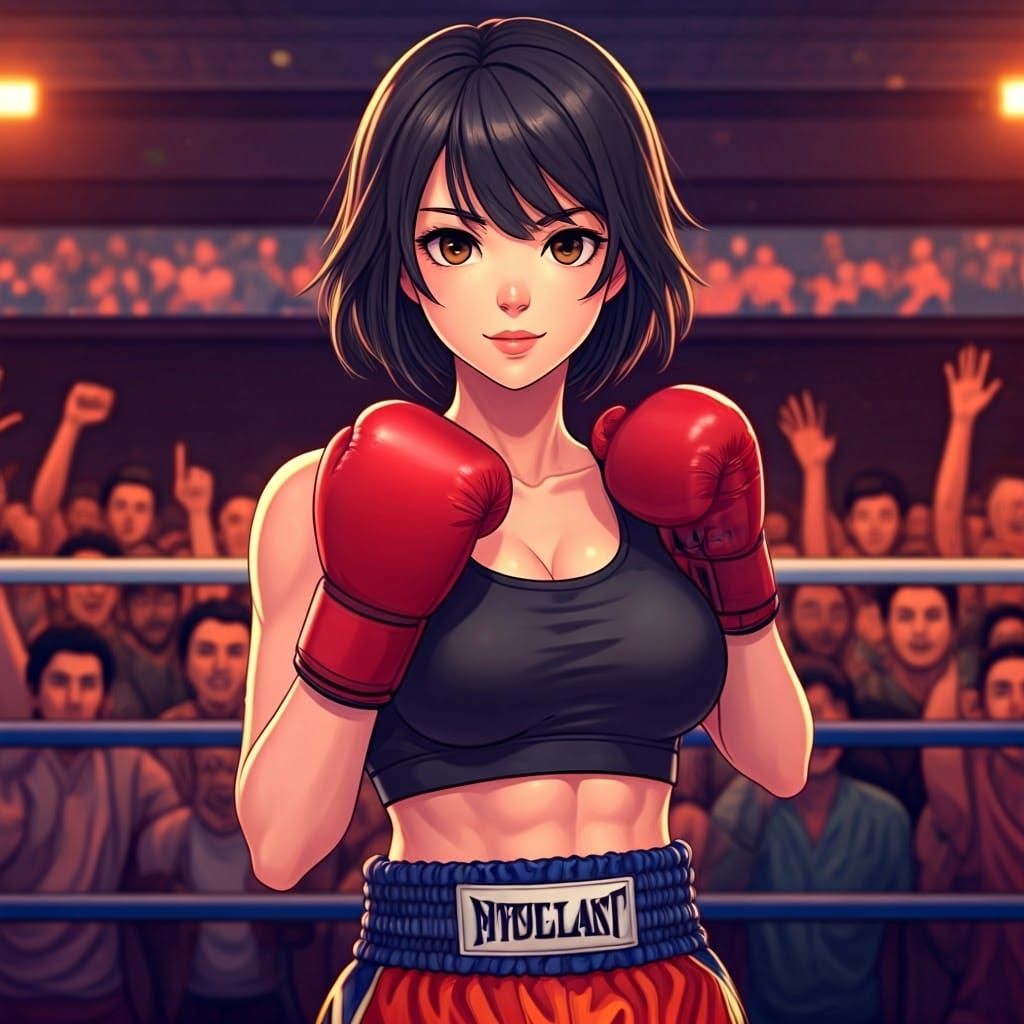 Confident Female Boxer Surrounded by Vibrant Cheering Crowd