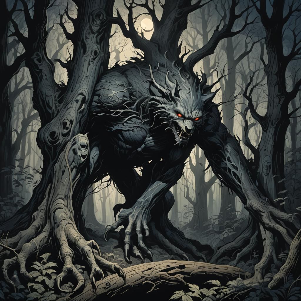 Eerie Night Beast in Dark Expressionism Style