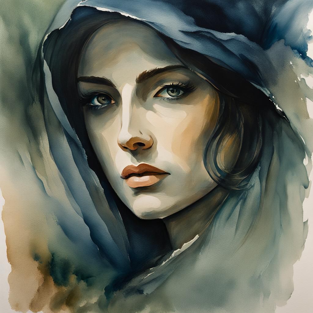 Moody Watercolor Portrait in Atmospheric Style