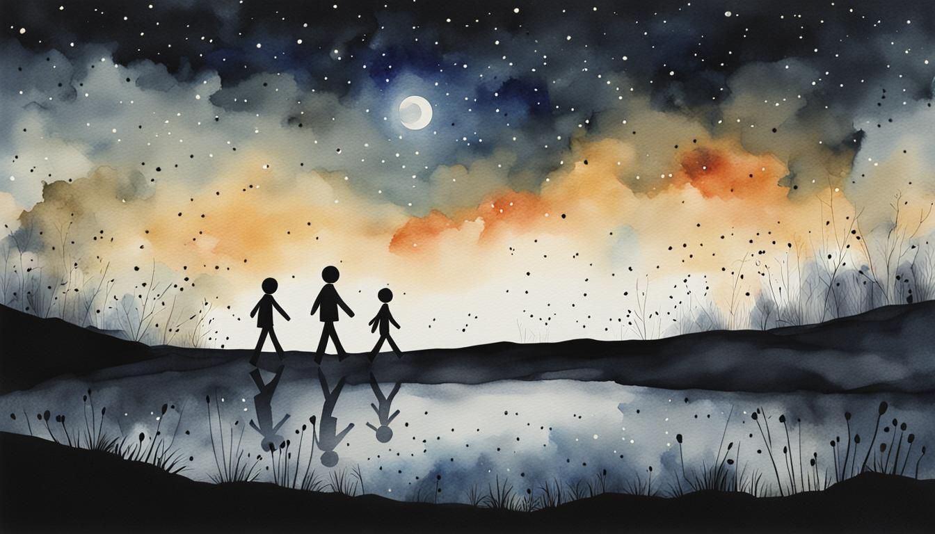 Moody Watercolor: Stick Figures Walking Under Night Sky