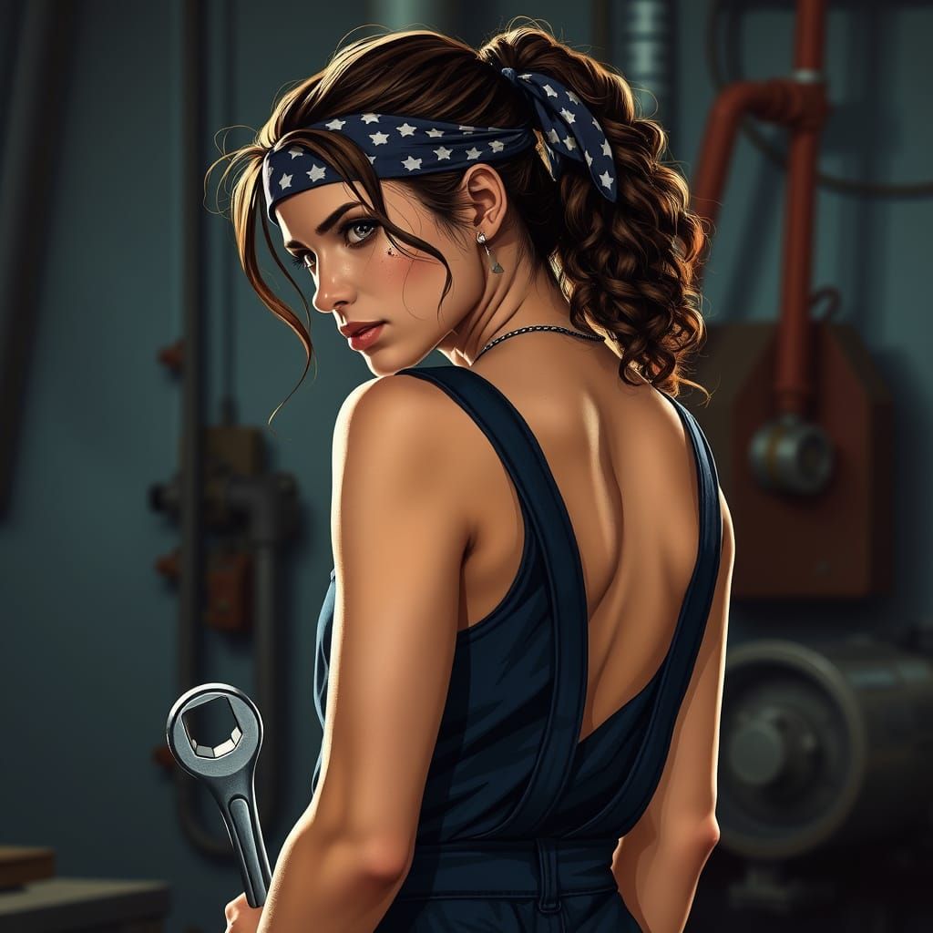 Futuristic Female Mechanic in Dark Blue Overalls