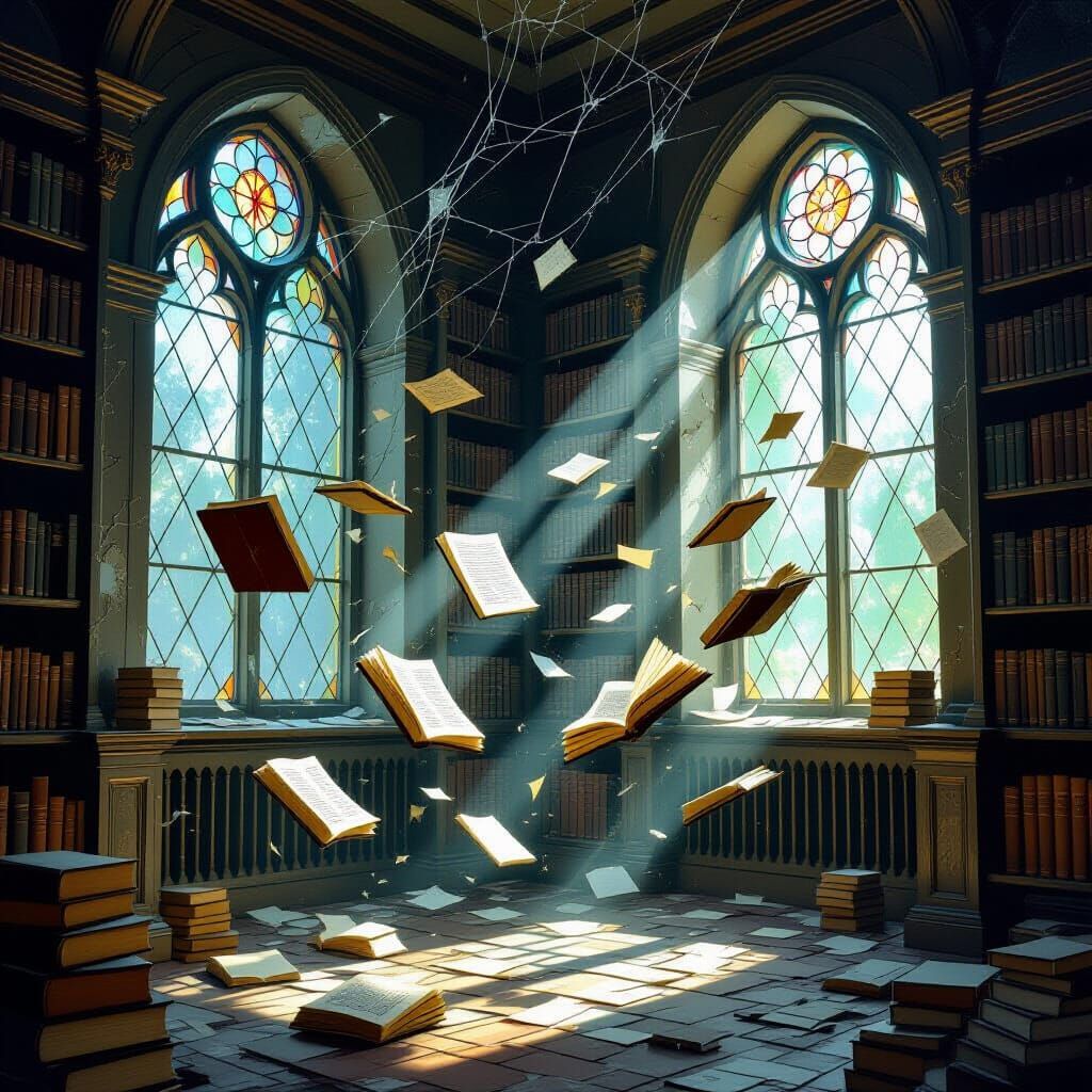 Floating Books in Forgotten Library: Surreal Oil Painting