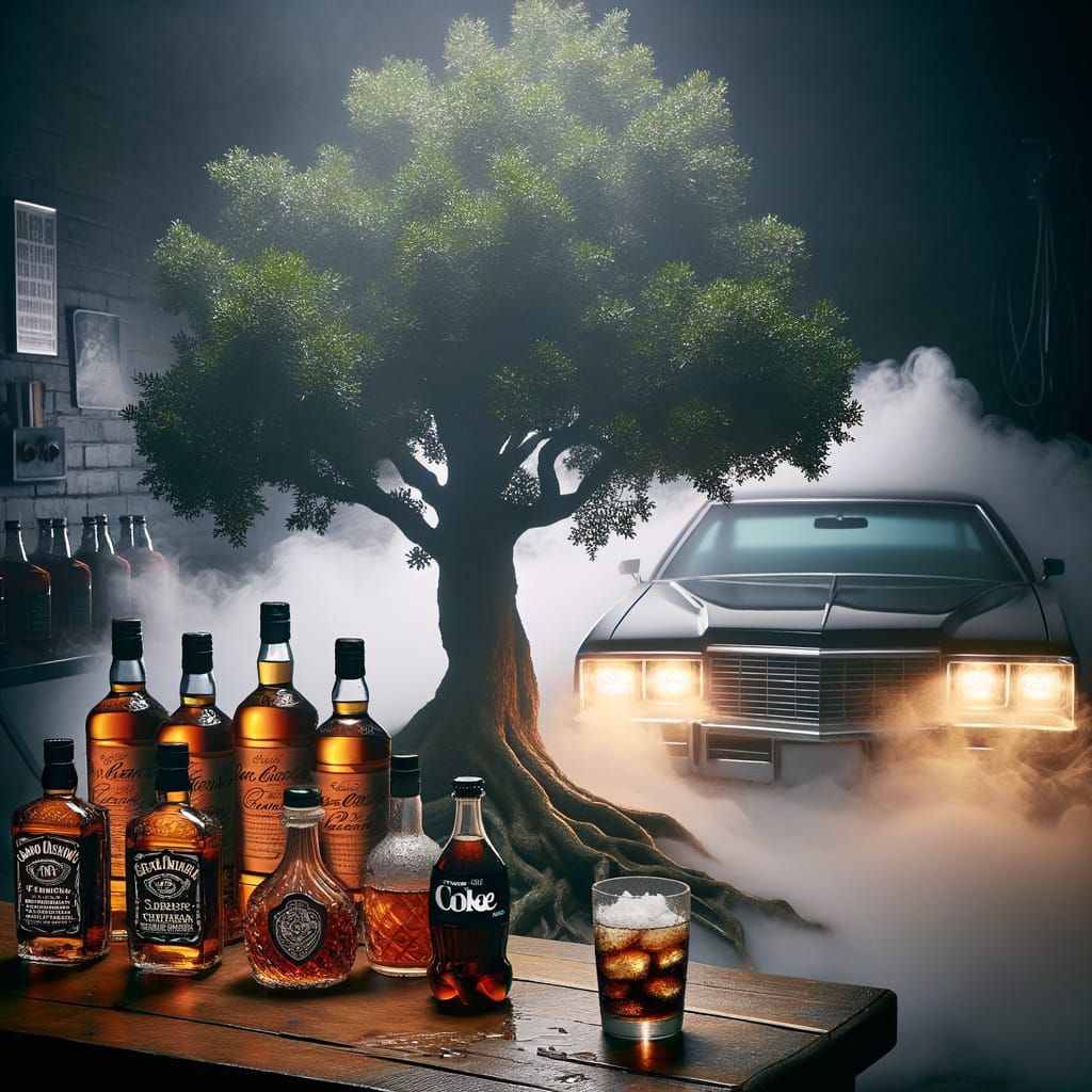 Whiskey Bottles, Car, and Coke: A Chaotic Scene