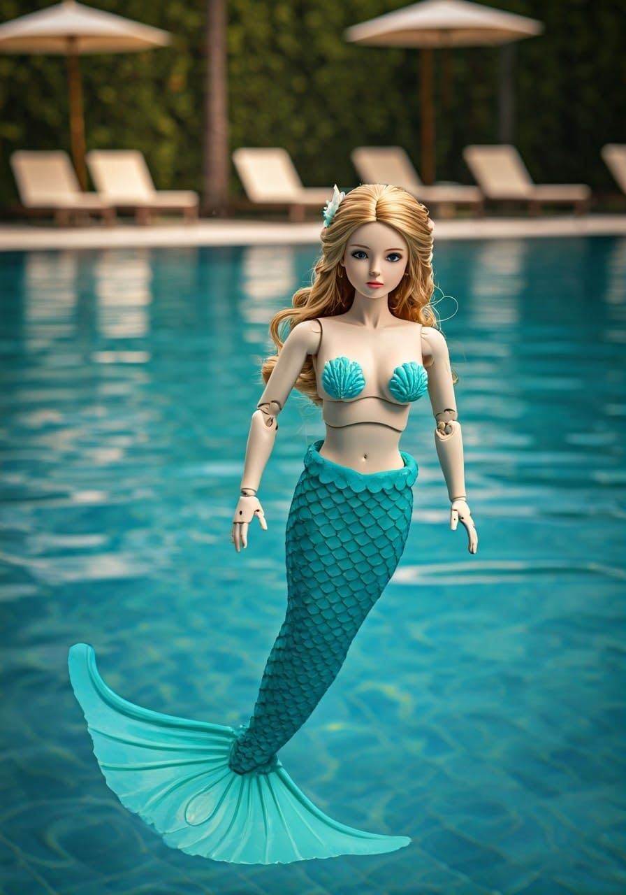 Robotic Mermaid in Futuristic Pool, Digital Art