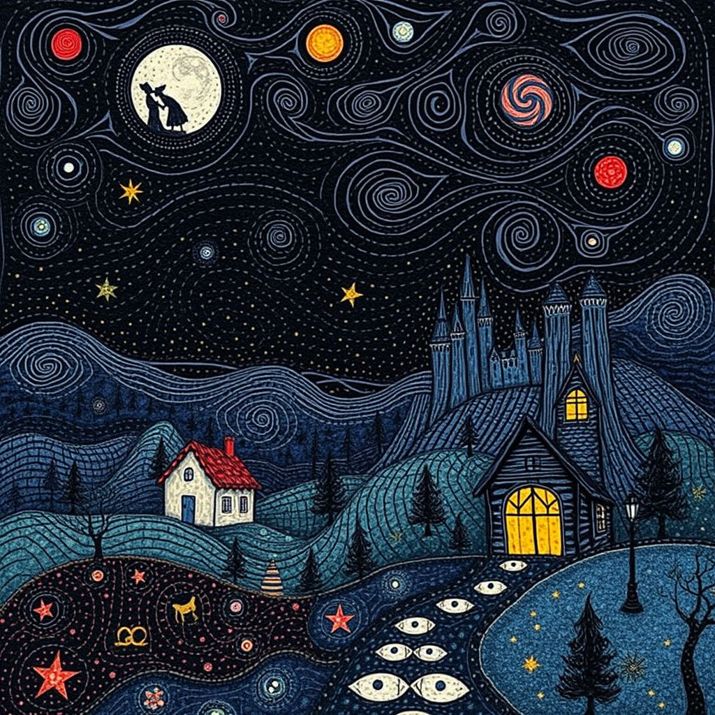 Whimsical Surreal Landscape in Pointillism Style