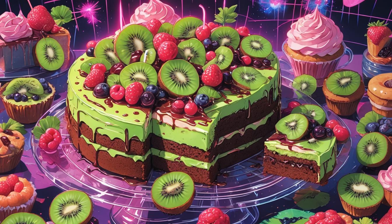 Kiwi Cake Double Exposure in Anime Retro Style