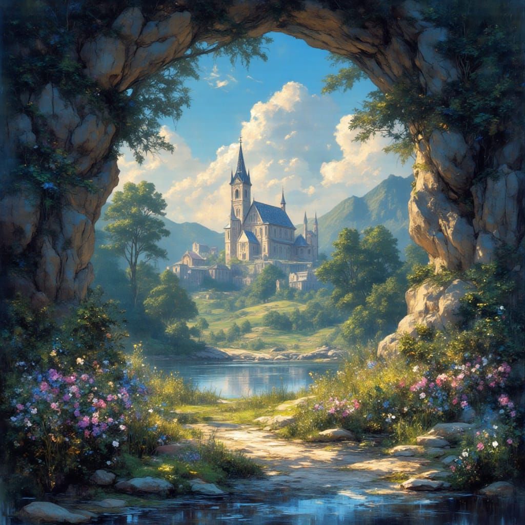 Ethereal Landscape Through a Rocky Archway