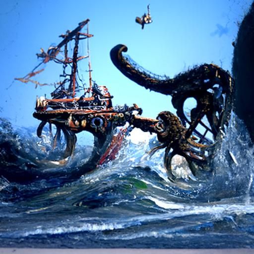 Kraken Attacks Pirate Ship in Oil Painting Style
