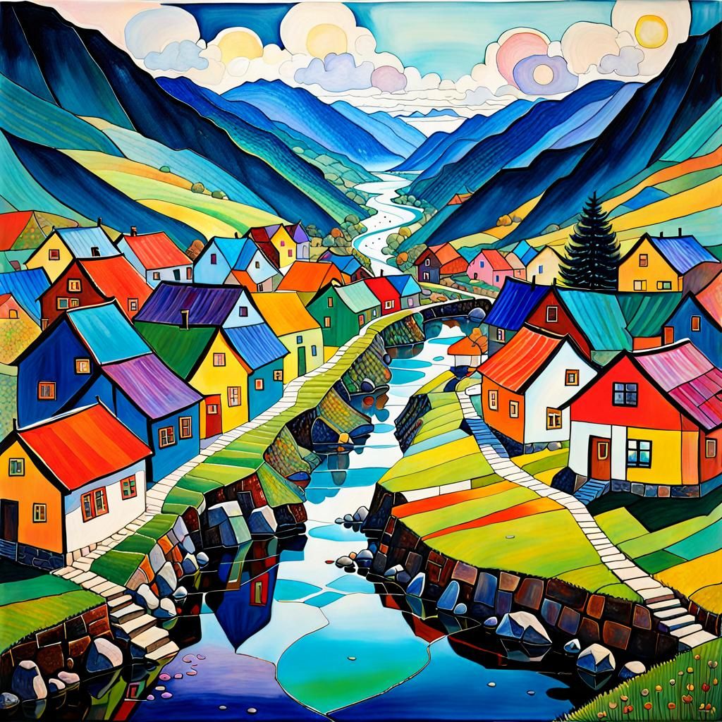 Colorful Whimsical Valley in Wet-on-Wet Style