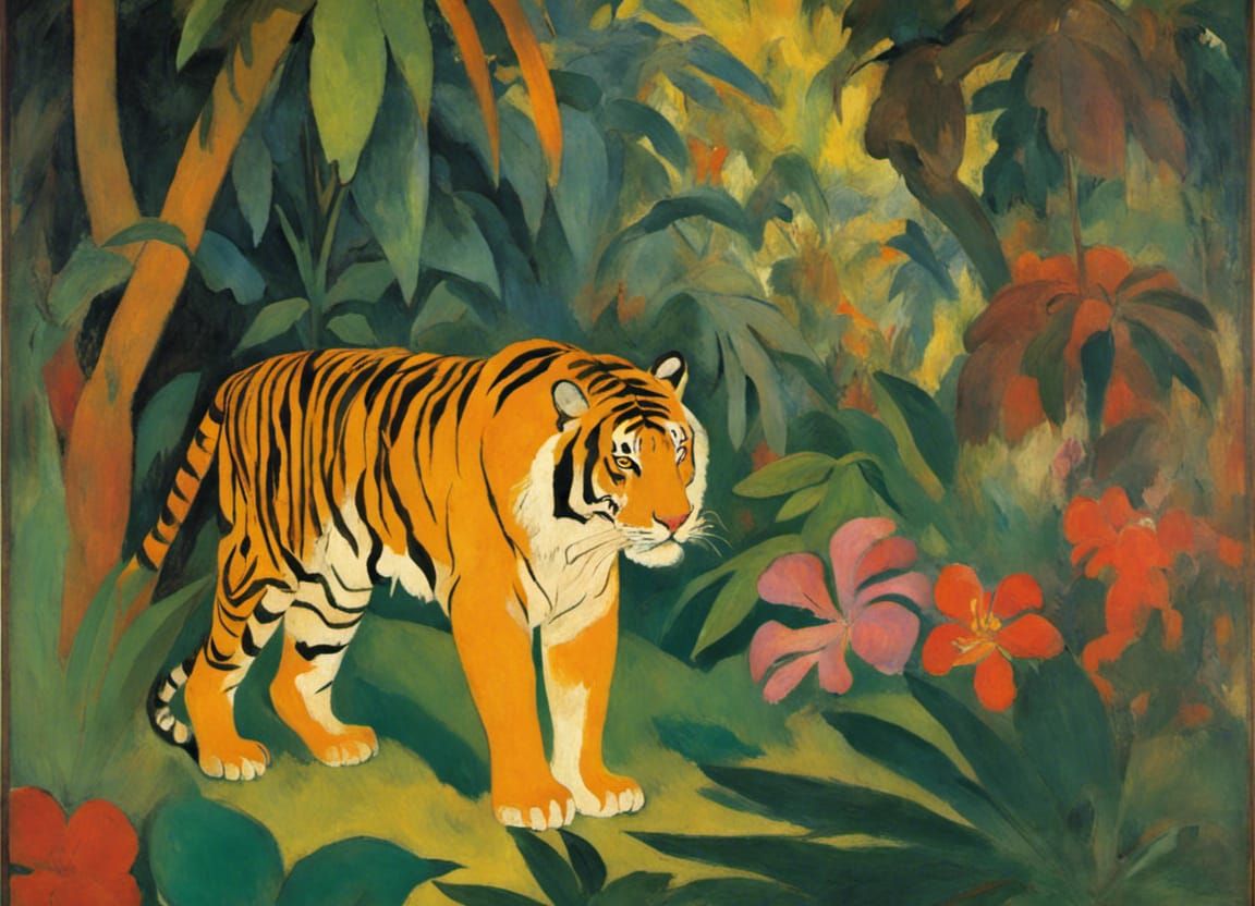 Tiger in Floral Jungle: Gauguin-Inspired Art