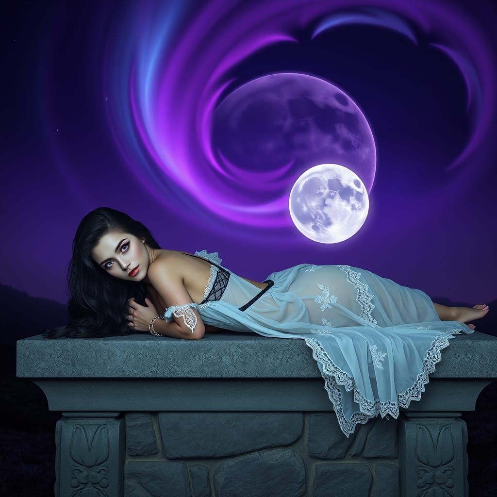 Ethereal Maiden on Ancient Altar in Vibrant Lunar Scene