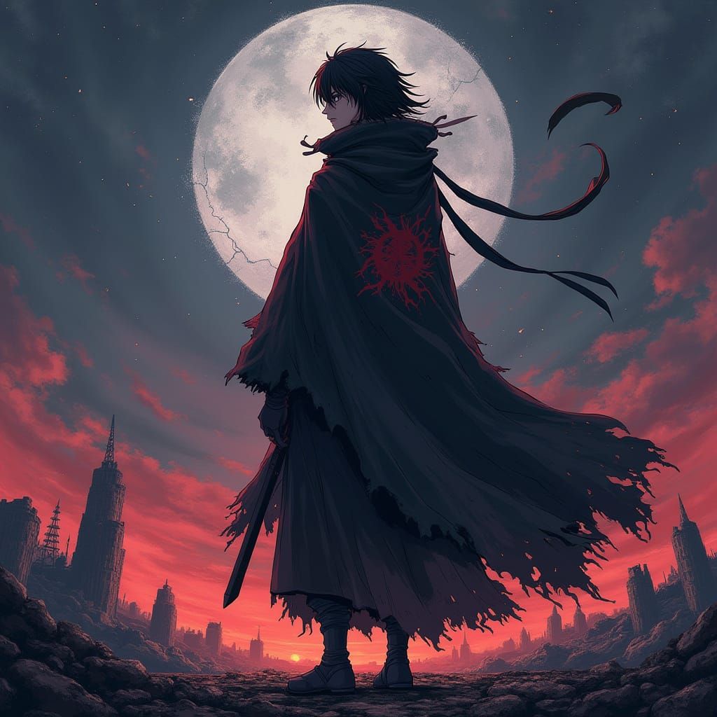 Sharingan Warrior Amidst Ruins in Manga Style