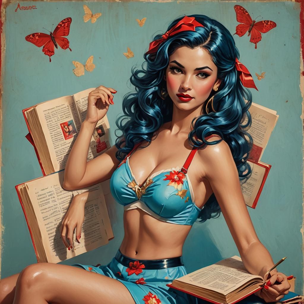 Pin-Up Girl Reading Book in Matte Painting Style