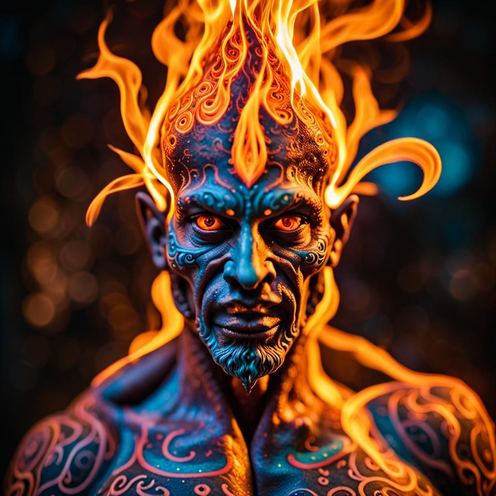 Fiery Tattooed Djinn in Psychedelic Digital Art