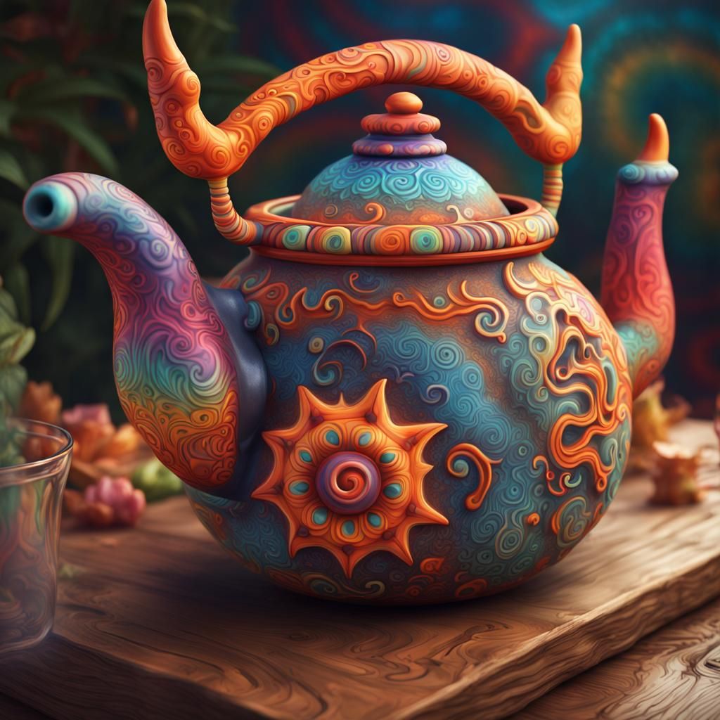 out of this world shaped clay tea pot with horns placed on a wooden table, colourful psychedelic huichol style, Ernst Ha...