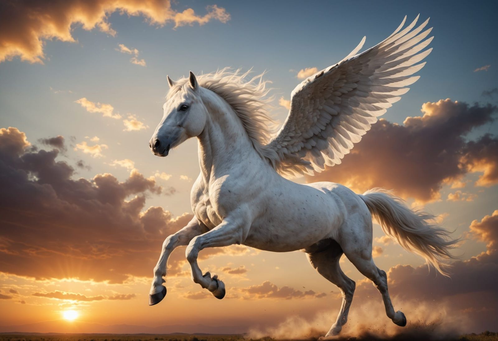 Majestic White Pegasus in Vibrant Sunset