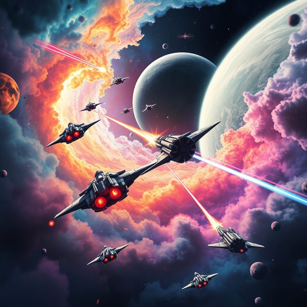 Epic Space Battle in Vibrant, Hyper-Realistic Style