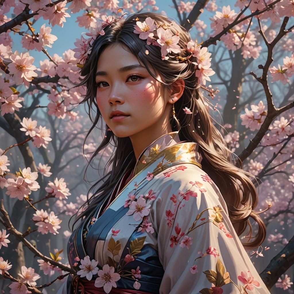 Hyperdetailed Cherry Blossom Portrait in Digital Art Style