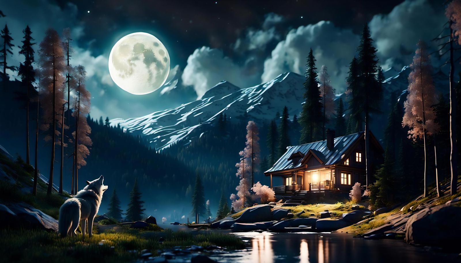 Night Forest Mountain Home Under Full Moon
