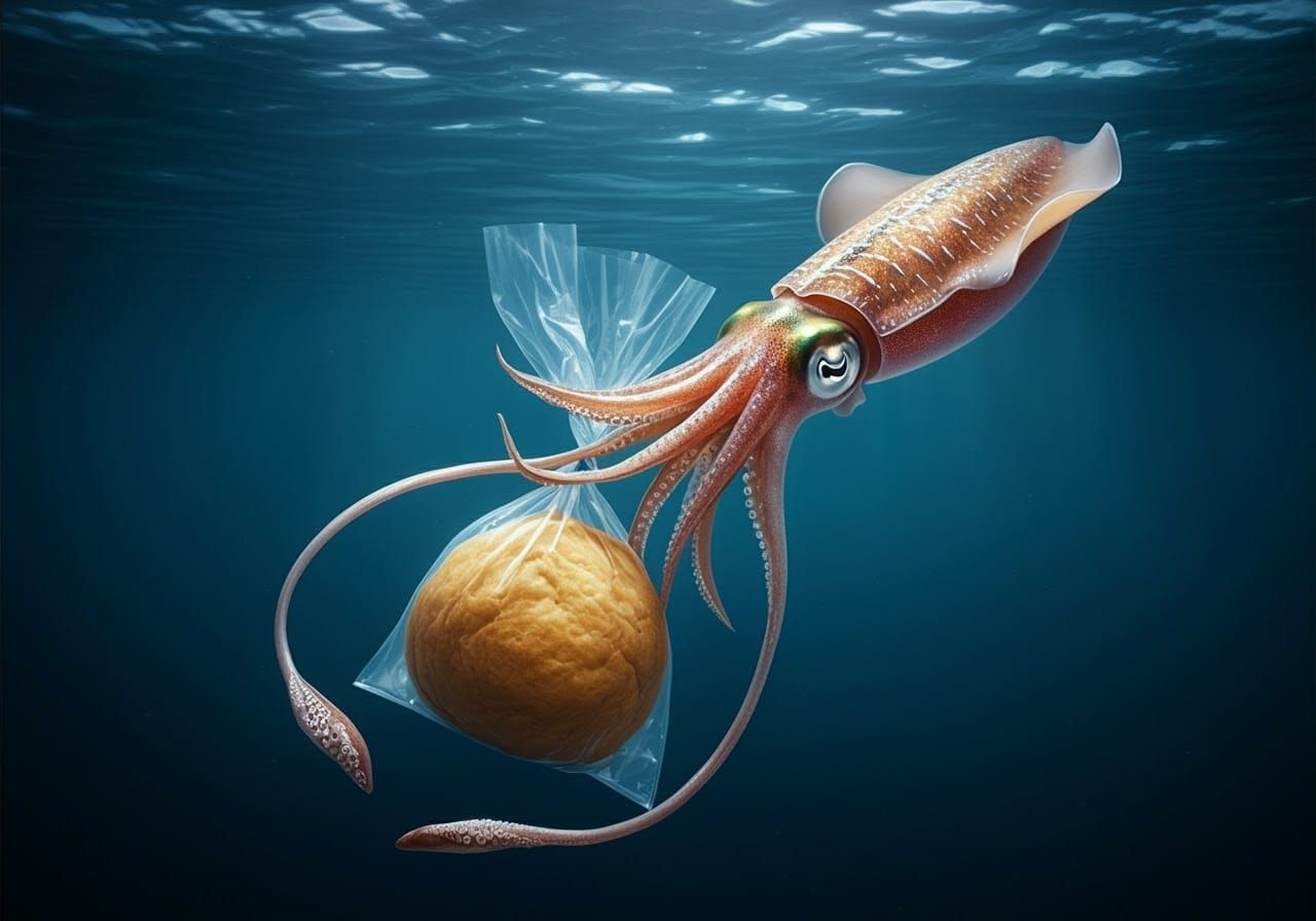 A squid eating dough ...