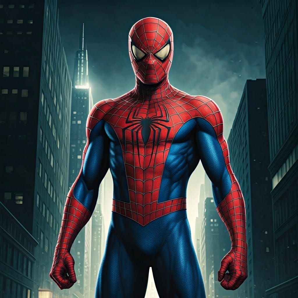 Heroic Spiderman in Gritty Cityscape, Comic Book Style
