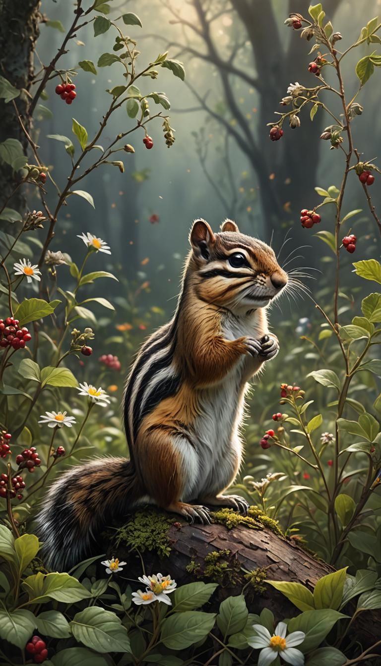 Chipmunk in Ethereal Thicket: Digital Matte Painting