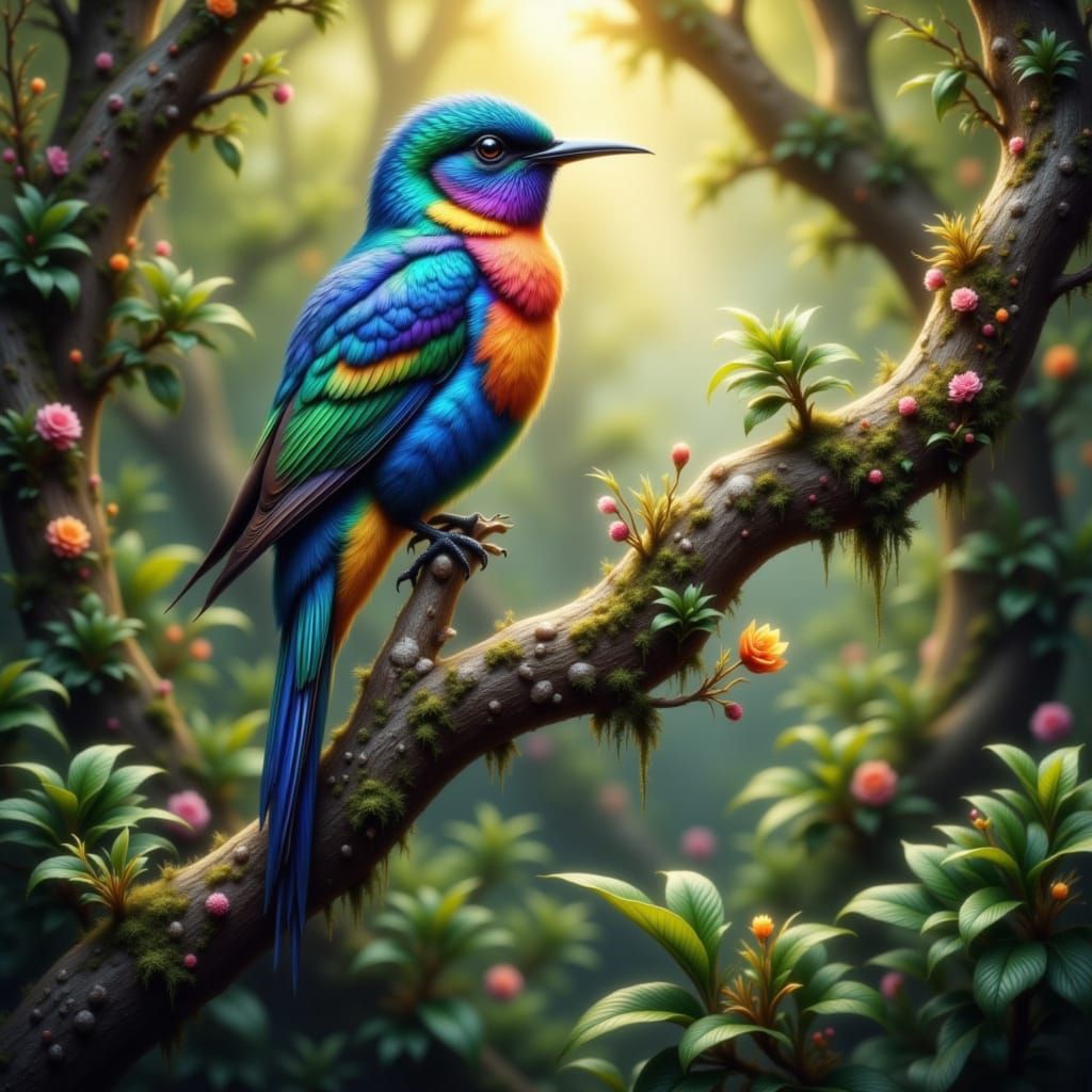 Vibrant Blue Bird on Gnarled Branch, Ethereal Glow