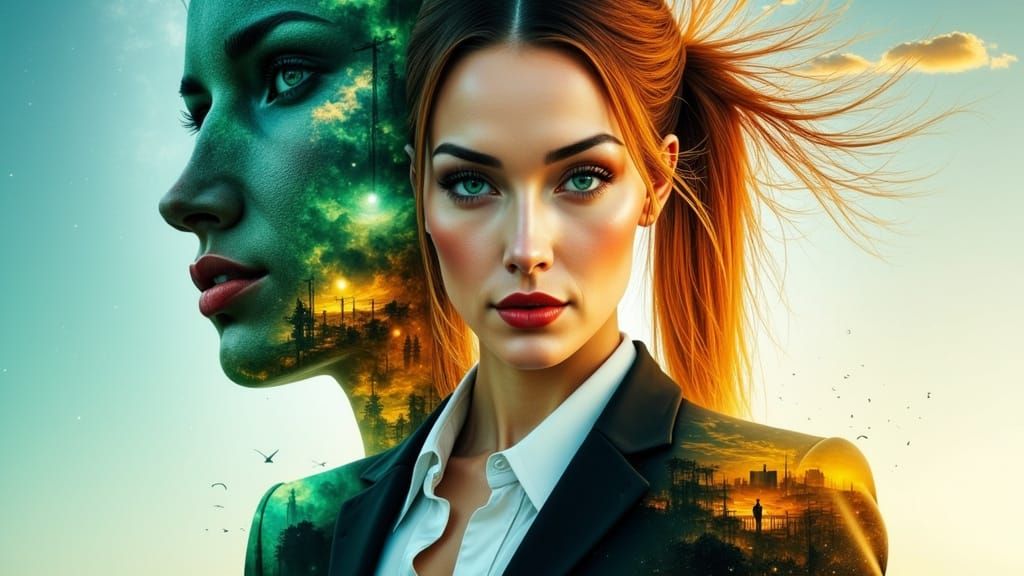 Surreal Double Exposure Painting of Ava Max in Fantasy Nebul...