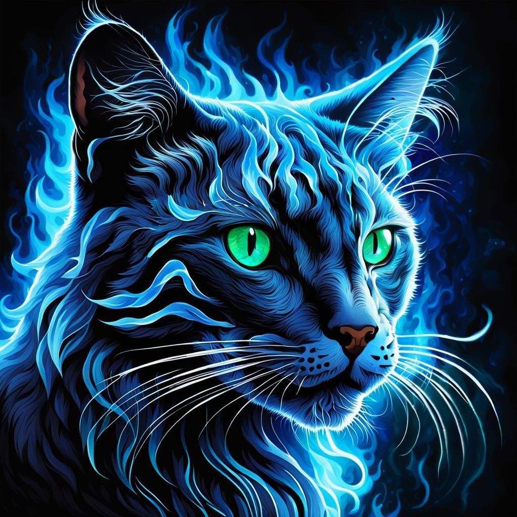 Quilled Cat in Blue Flames, Matte Painting