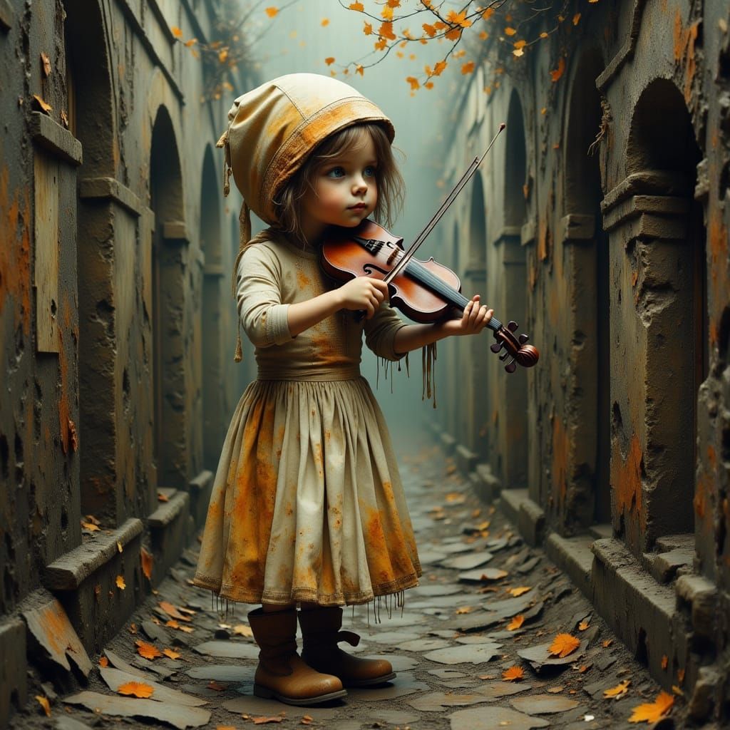 Mystical Girl in Grunge Setting Plays Old Violin