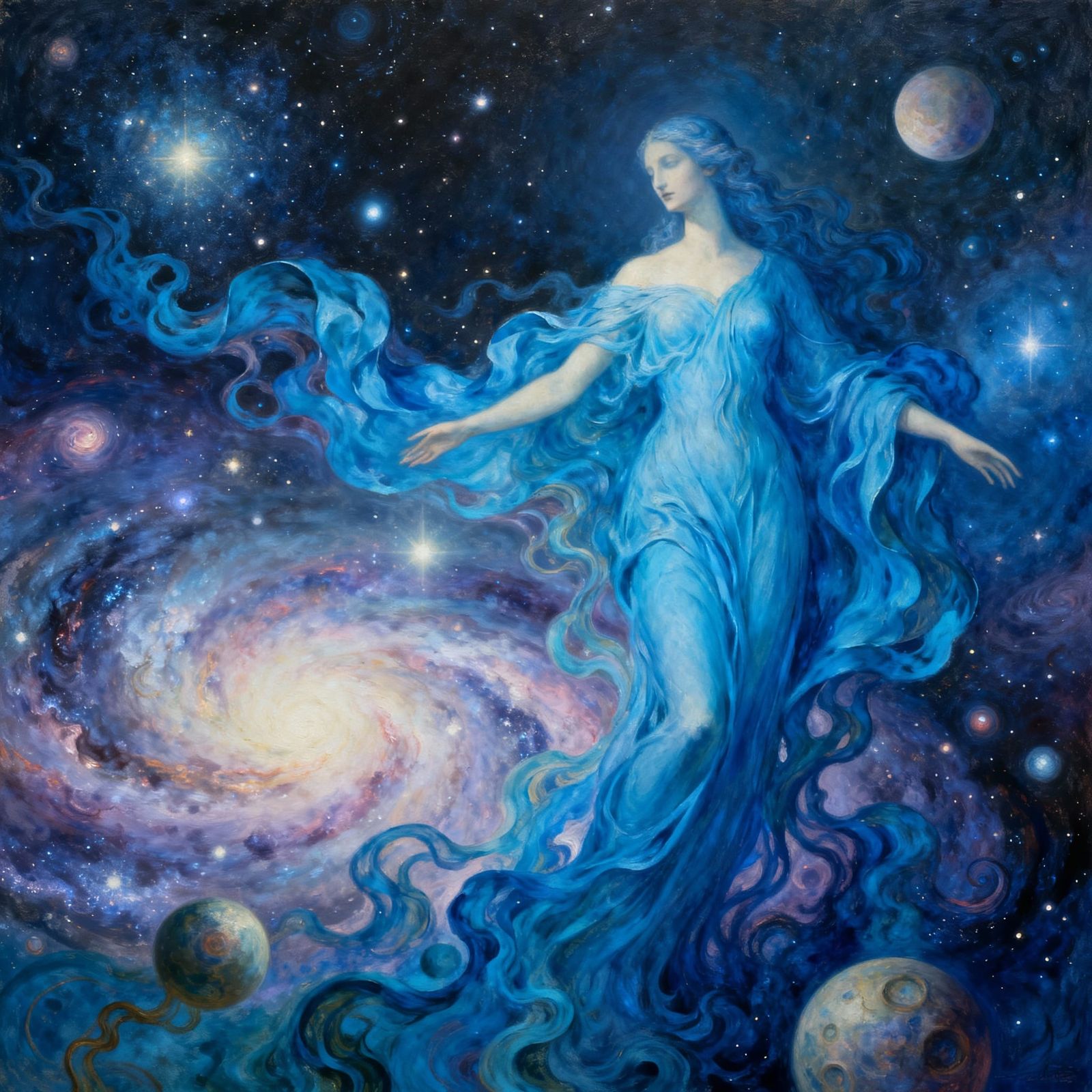 Ethereal Goddess Dissolving into Cosmic Nebulae