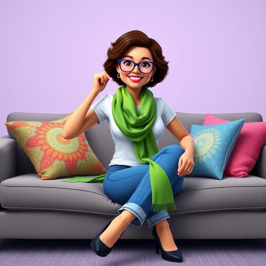 Confident Woman on Couch in 3D Digital Art Style