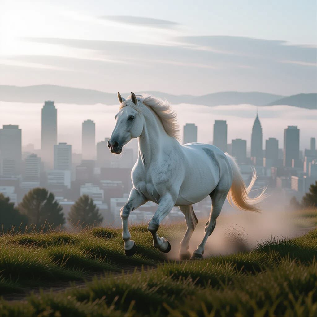 White Horse Gallops Through Foggy Hyper-Realistic Cityscape