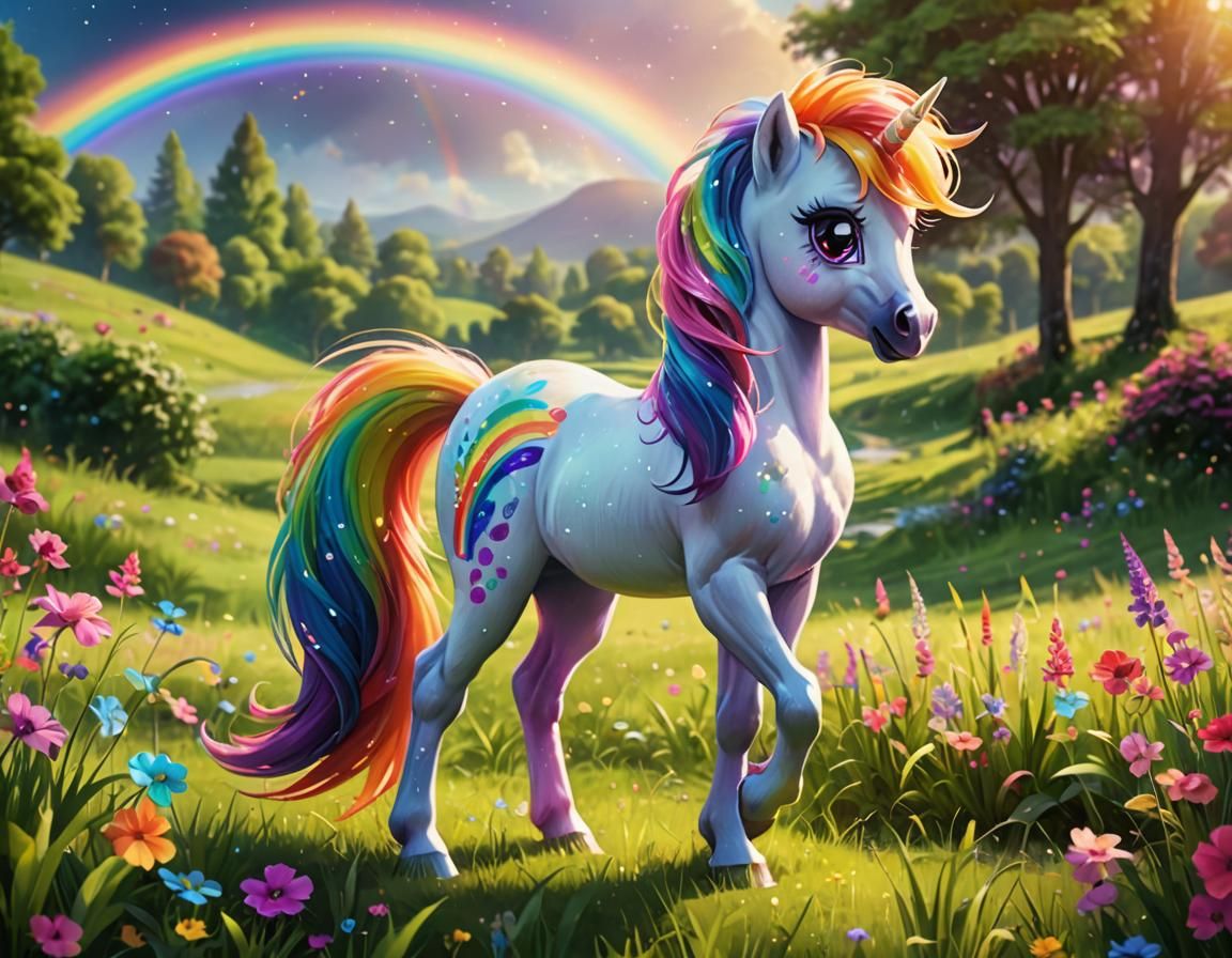 Rainbow Pony in Lush Meadow: Digital Art