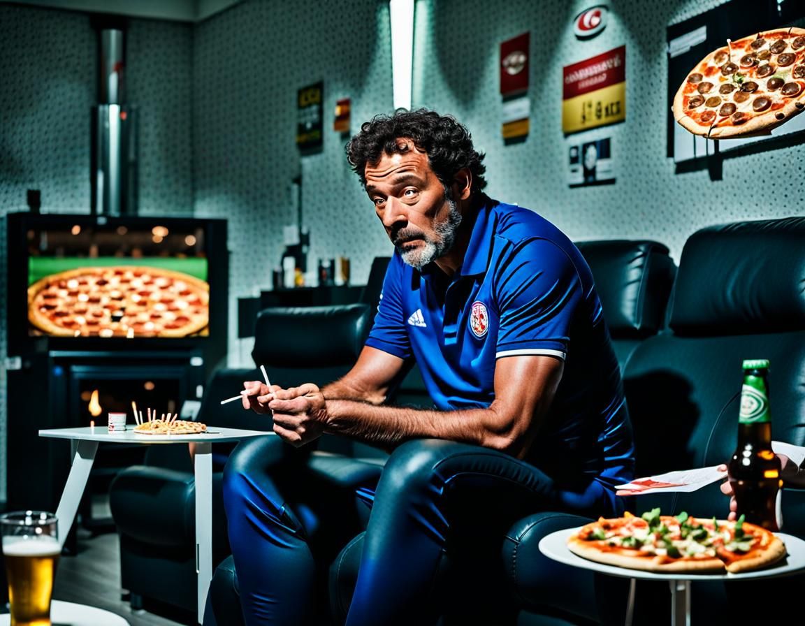 Overweight Man Watching Soccer in Messy Room