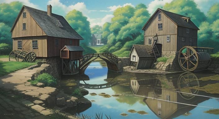 Girl's Merry Encounter with Water Mill in Anime Style