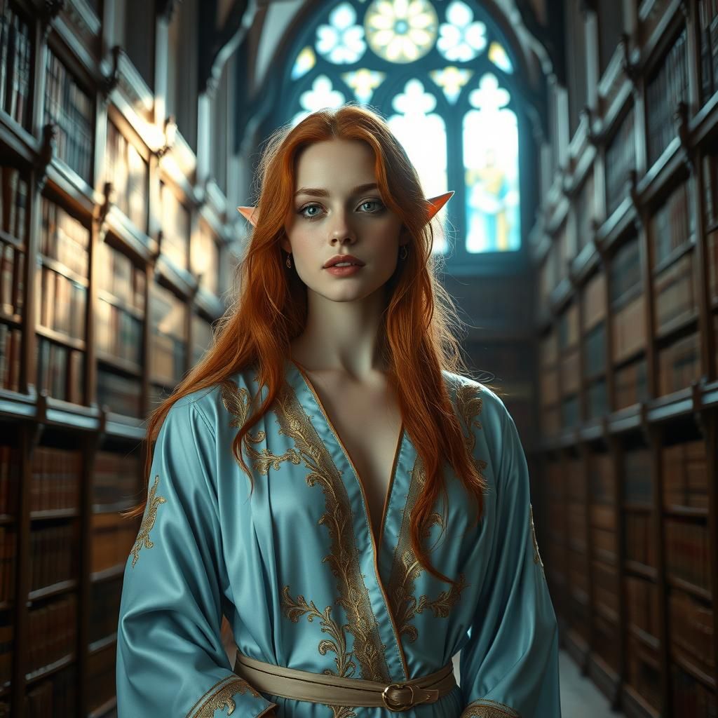 Elegant Elf in Library: Mystical Realism