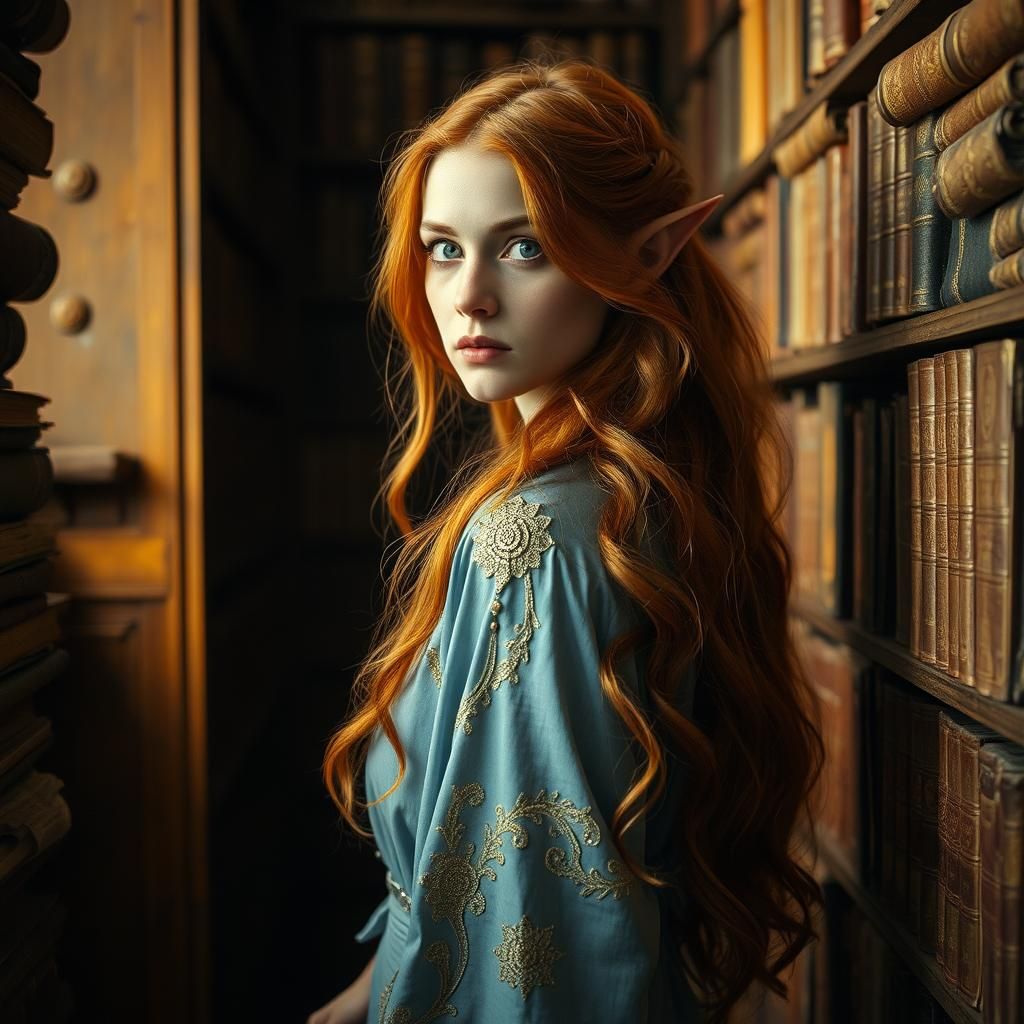 Fantasy Elf in Mystical Library, Cinematic Lighting