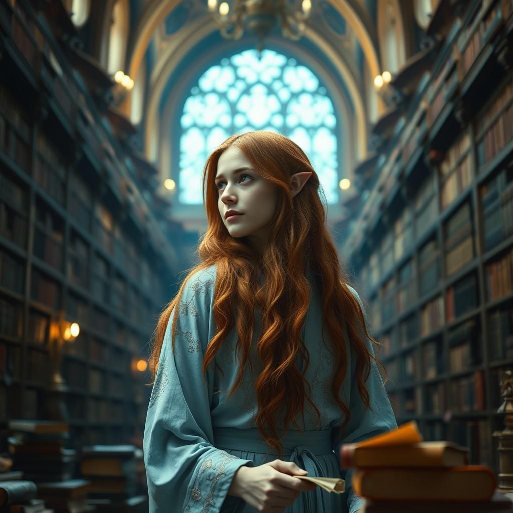 Fantasy Elf in Library, Cinematic Film Still