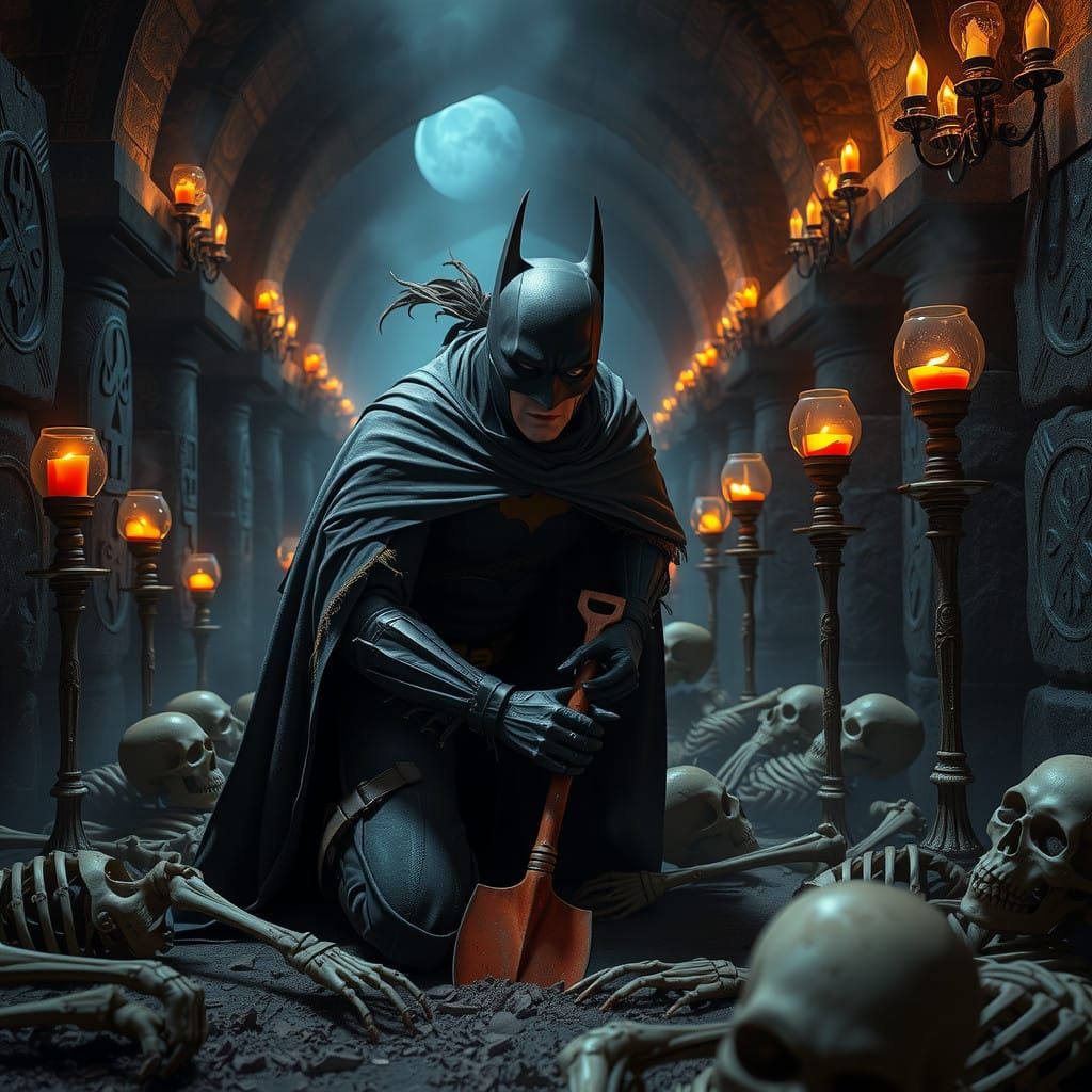 Gothic Batman Amidst Ancient Skeletons in Haunting, Cinemati...