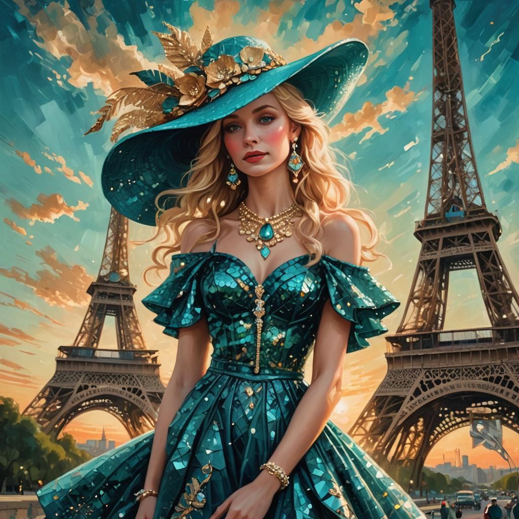 Eiffel Tower Fantasy: Woman in Teal Sequins