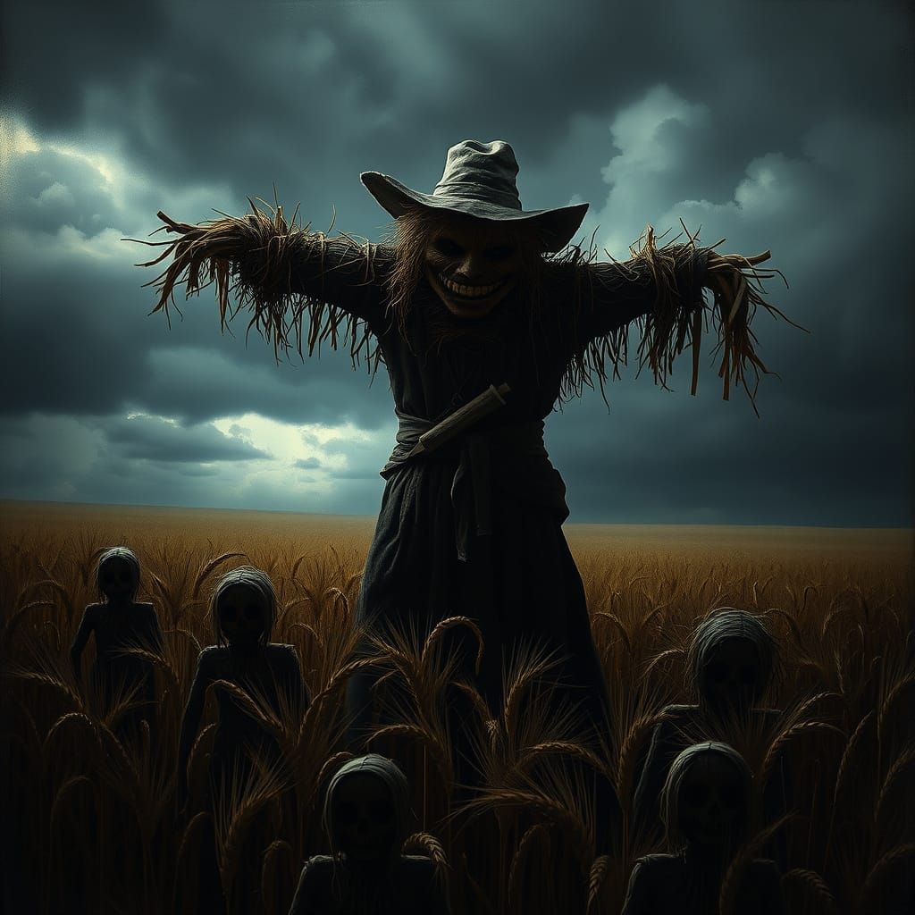 Gothic Scarecrow Dominates Wheat Field Under Stormy Sky