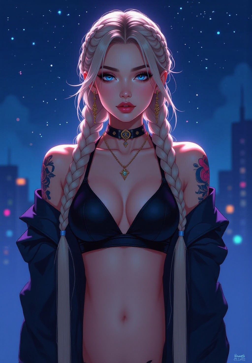 Cyberpunk Goddess Dancing in Night Sky, Color Sketchnote Sty...