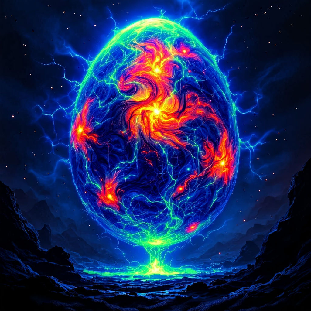 Chaotic Glowing Egg Emitting Sinister Light as Astral Art