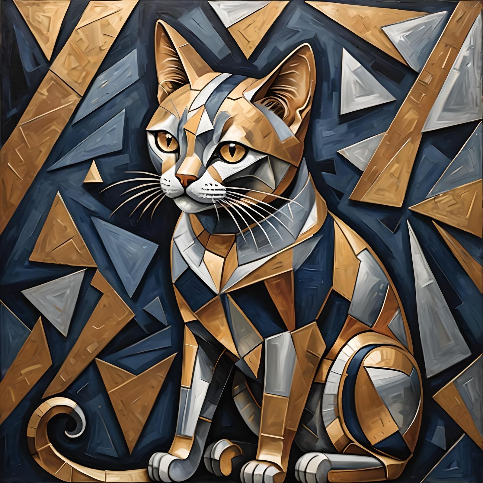 Elegant Cat in Cubist Metallic Style