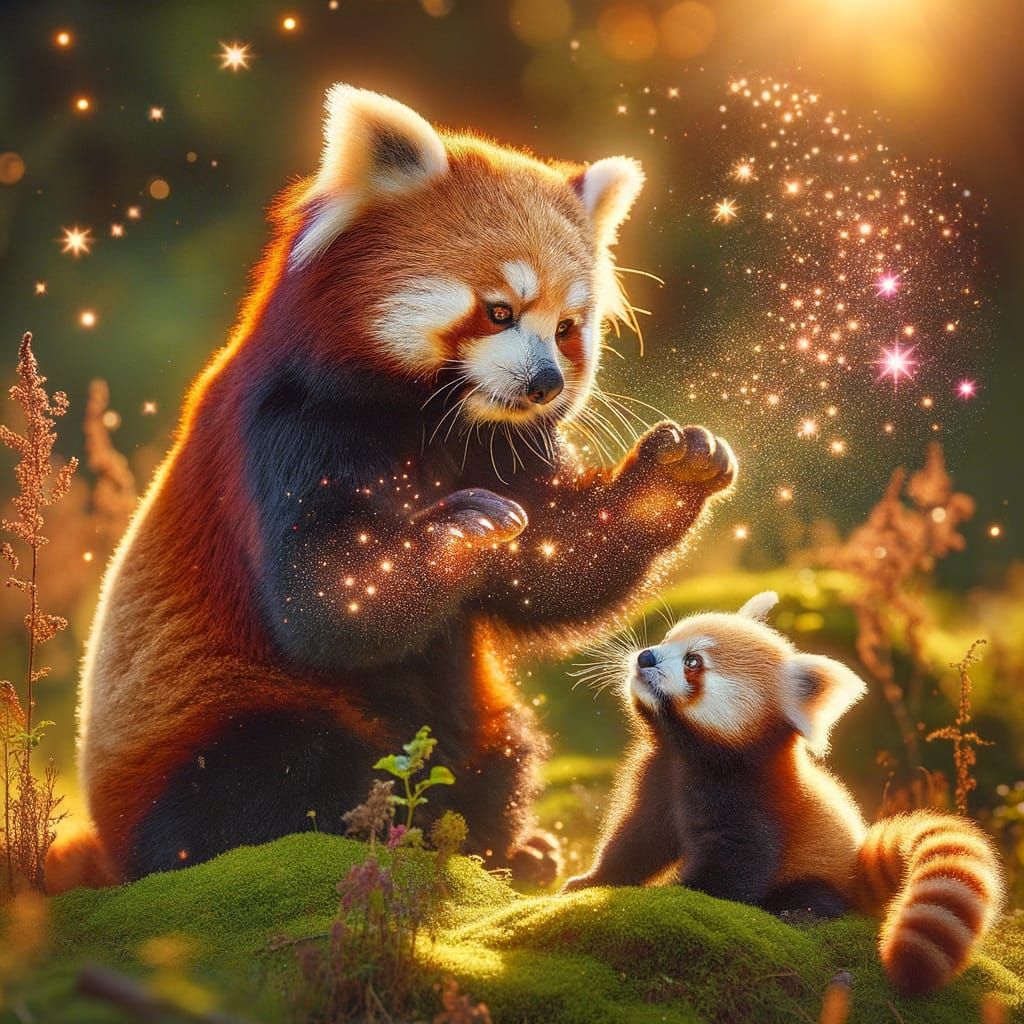 Red Pandas Playfully Create Magical Glitter on Meadow