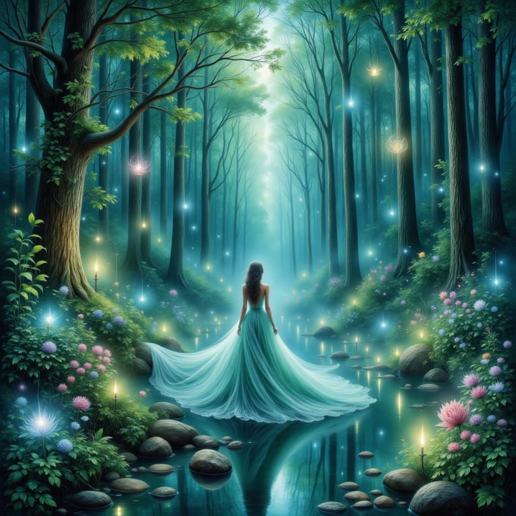 Woman in Enchanted Forest Dreamscape