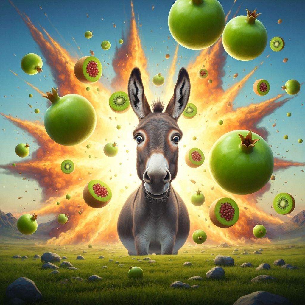 Surreal Donkey in Explosion with Green Fruit