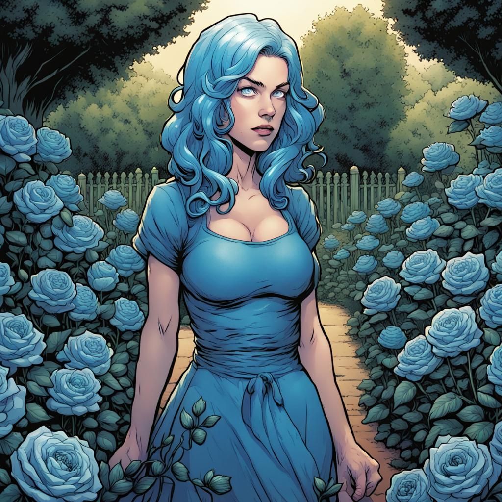 Blue-Haired Woman in Blue Rose Garden